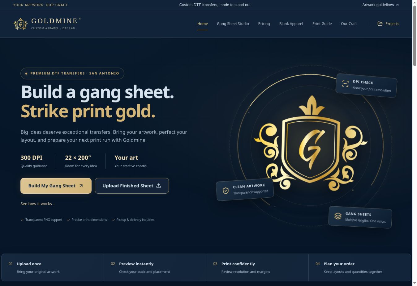 Goldmine DTF homepage with a navy background, gold shield and gang-sheet builder introduction
