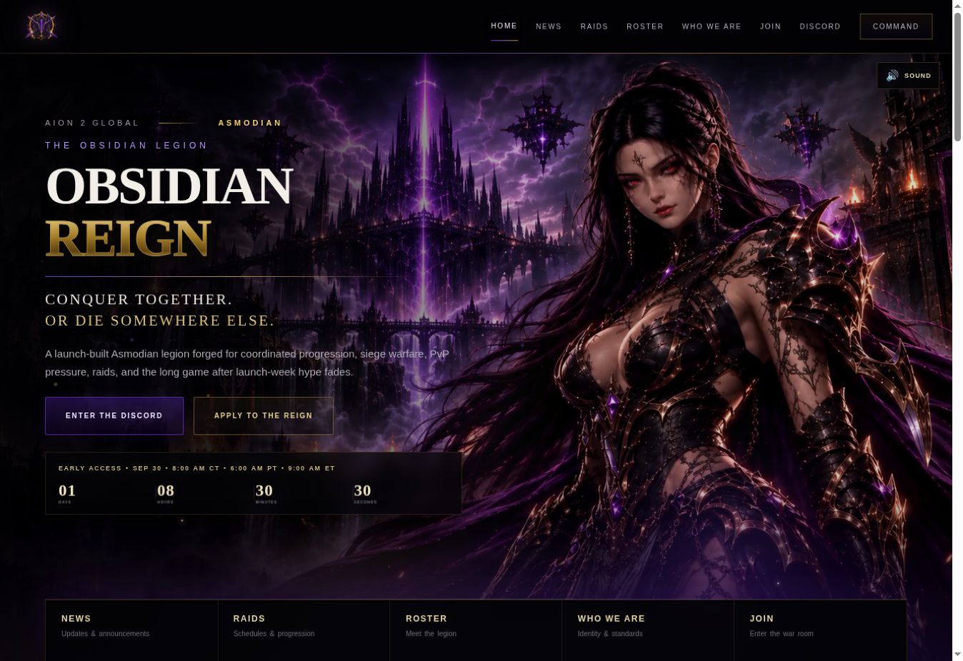 Obsidian Reign homepage with a violet fantasy city, cinematic character artwork and gold typography