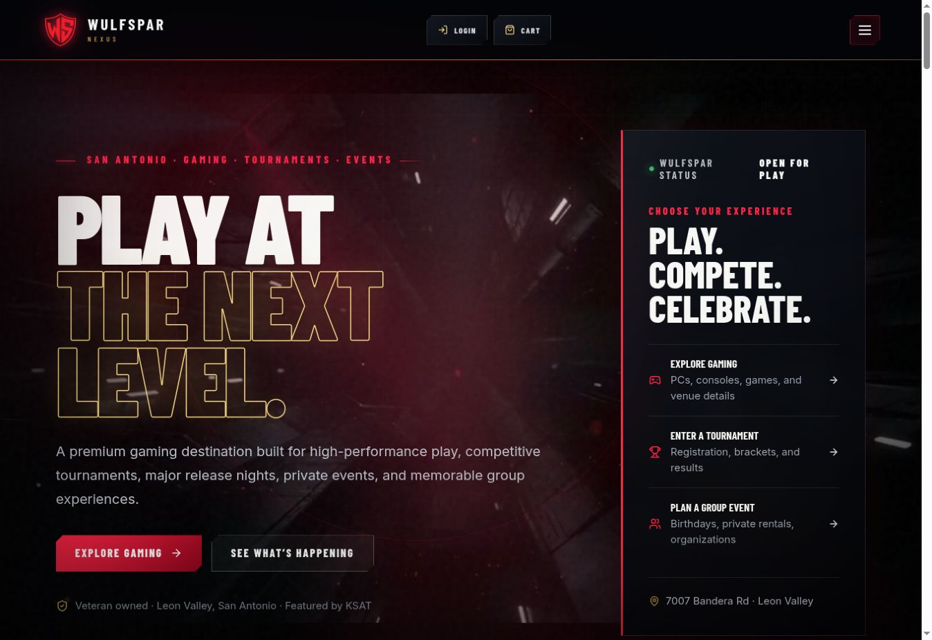Wulfspar homepage with its red shield, black and gold styling, and gaming website introduction